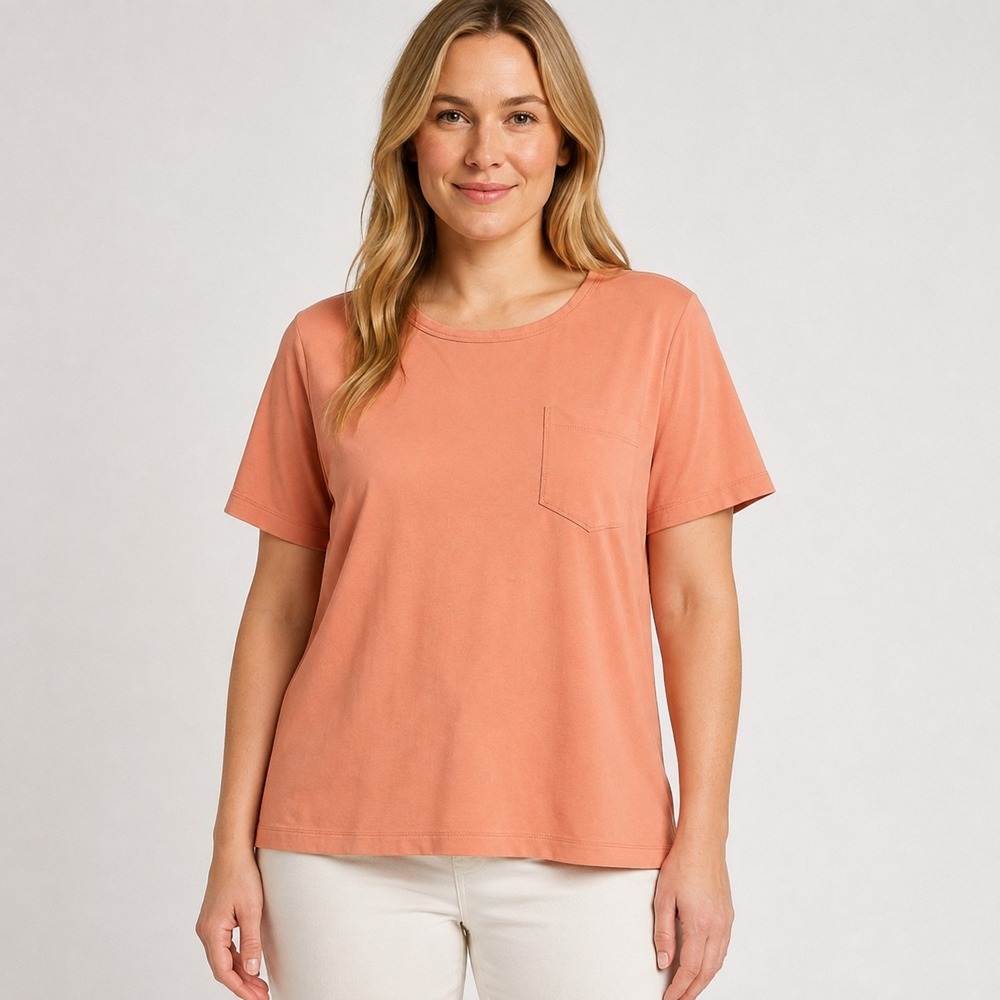St. John Pocket Tee Women Large Coral Short Sleeve Crepe Crew Neck Top